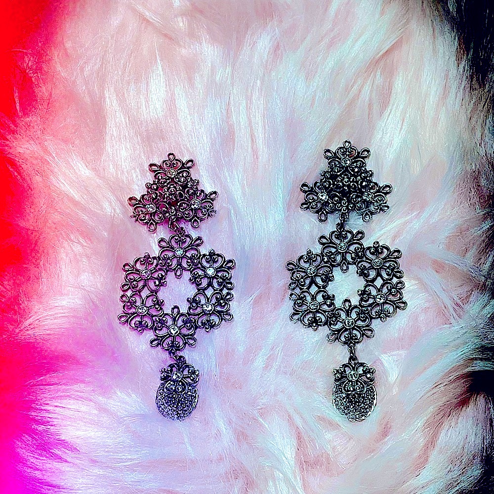 Long silver diamond dangle clip on earrings